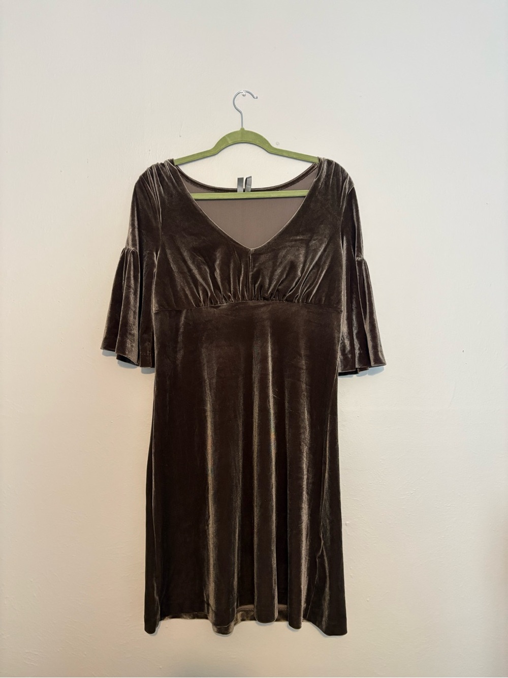 Brown Velvet V-Neck Flutter Sleeve Dress